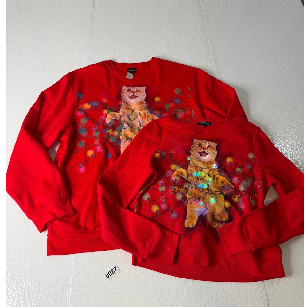 His/Hers Fifth Sun Christmas Cat Sweatshirt Set Small and 2XL Holiday Pullover